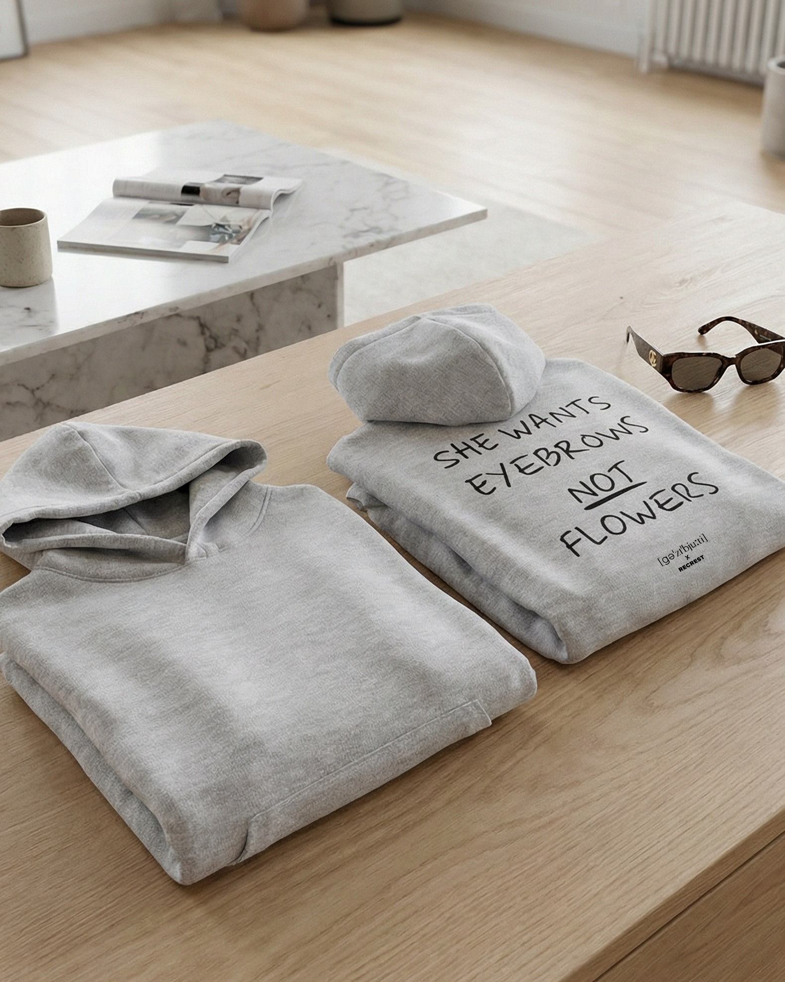 "She wants eyebrows not flowers" Grey Hoodie